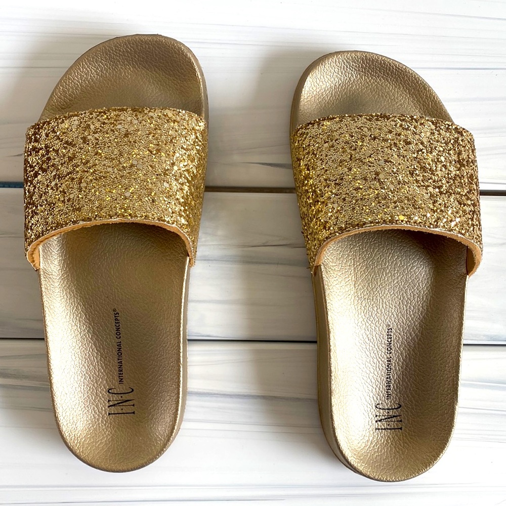Gold Glitter Slides, size small (5/6), INC, excellent used condition.